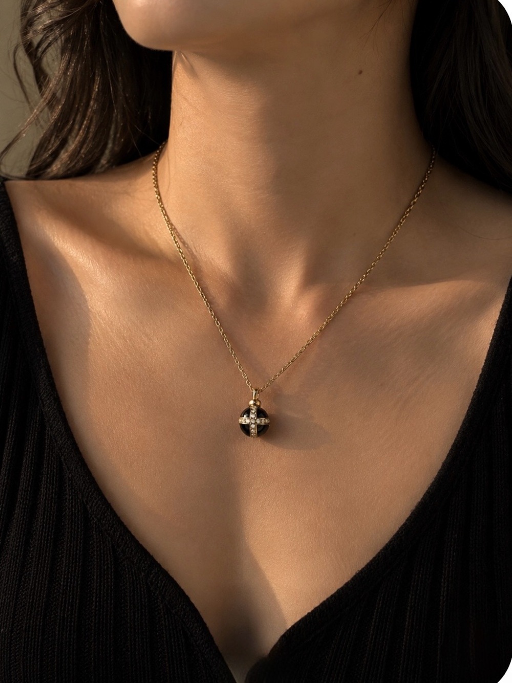 Authentic Vintage Dior Gold Black Enamel and Crystal Pendant Necklace
